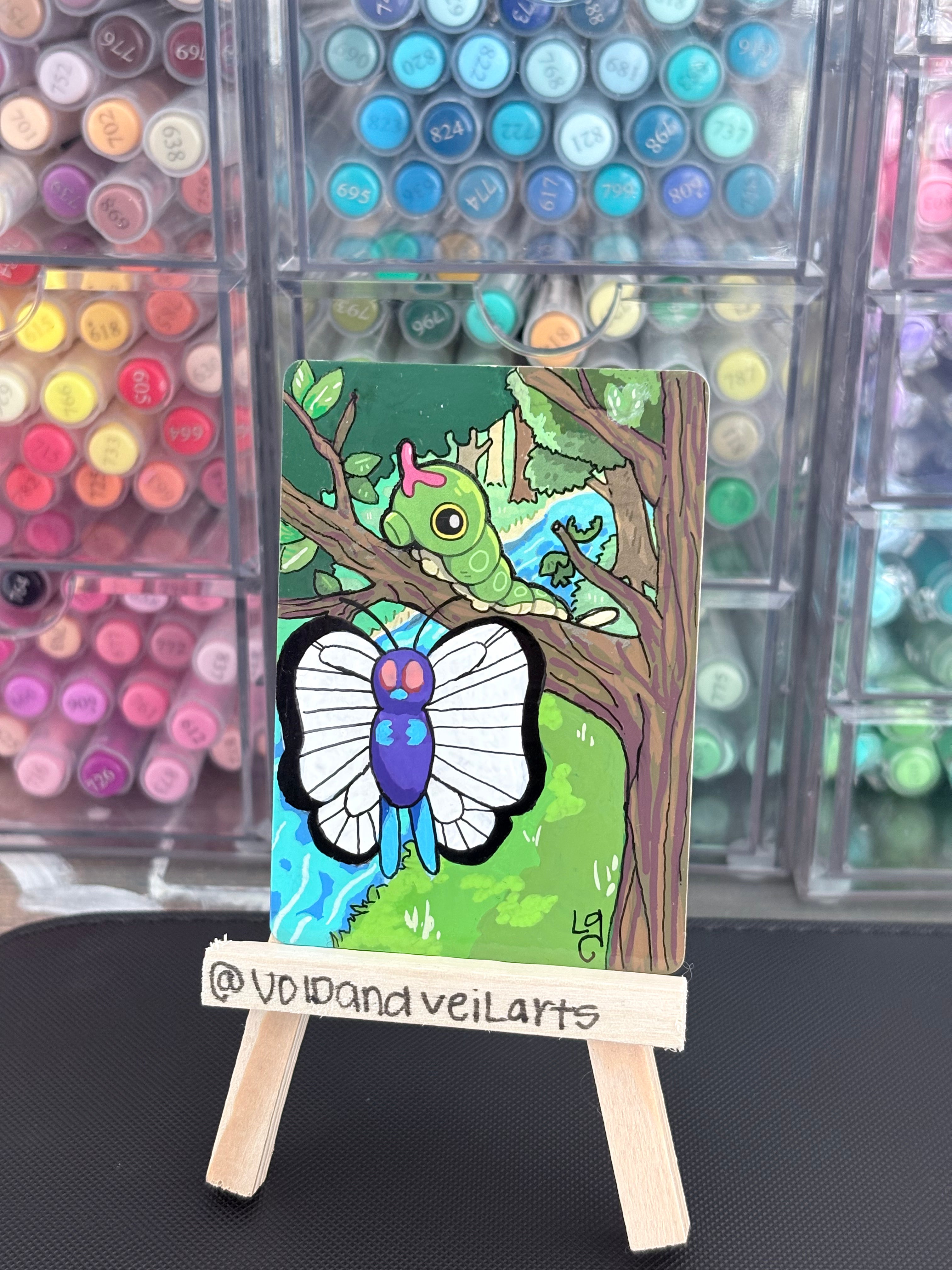 Butterfree and Caterpie Hand Painted Extended Art Card